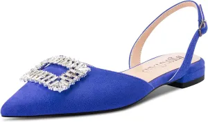 TNYNFBEB Women Chunky Block Low Heel Pointed Toe Flats Shoes Slingback Buckle Rhinestone Crystal Party Cute 0.6 Inches Heels
