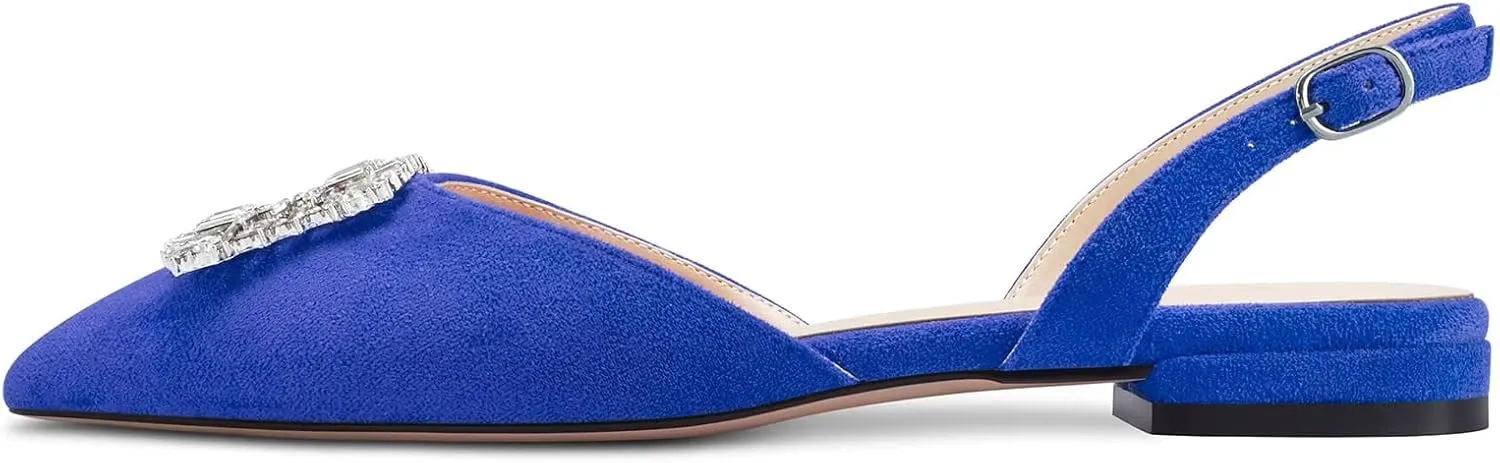 TNYNFBEB Women Chunky Block Low Heel Pointed Toe Flats Shoes Slingback Buckle Rhinestone Crystal Party Cute 0.6 Inches Heels