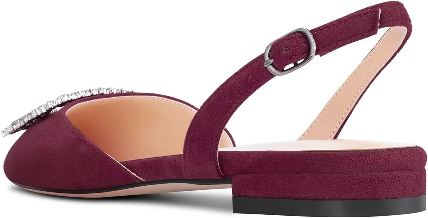 TNYNFBEB Women Chunky Block Low Heel Pointed Toe Flats Shoes Slingback Buckle Rhinestone Crystal Party Cute 0.6 Inches Heels
