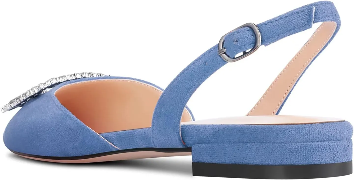 TNYNFBEB Women Chunky Block Low Heel Pointed Toe Flats Shoes Slingback Buckle Rhinestone Crystal Party Cute 0.6 Inches Heels