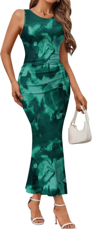 Trendy Queen Bodycon Maxi Dress Womens Sleeveless Floral Print Fitted Party Club Ruched Dresses with Side Slit