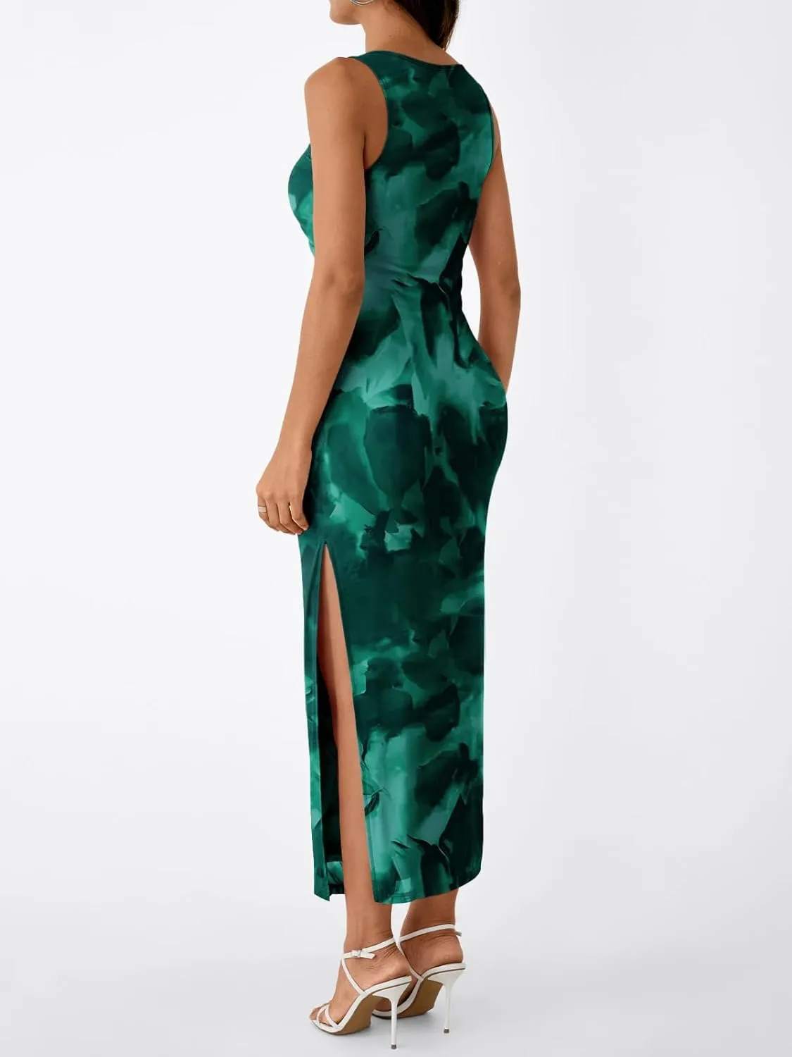 Trendy Queen Bodycon Maxi Dress Womens Sleeveless Floral Print Fitted Party Club Ruched Dresses with Side Slit