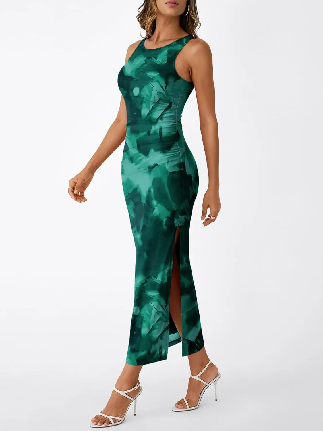 Trendy Queen Bodycon Maxi Dress Womens Sleeveless Floral Print Fitted Party Club Ruched Dresses with Side Slit