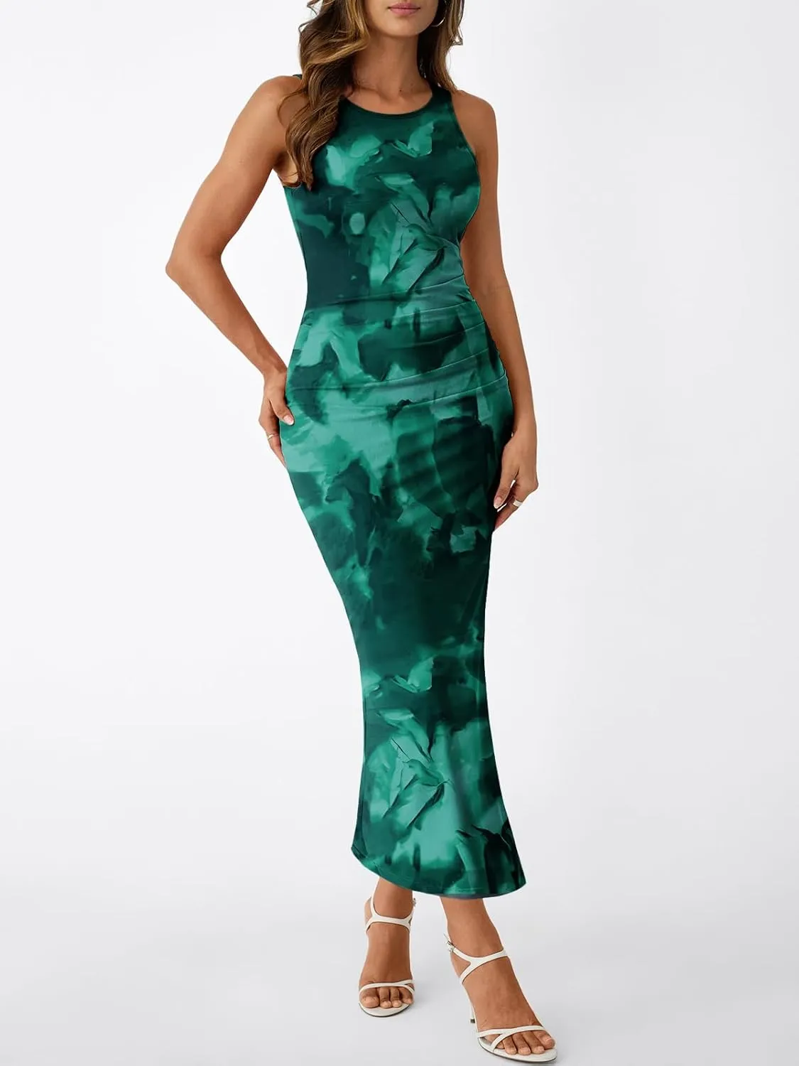 Trendy Queen Bodycon Maxi Dress Womens Sleeveless Floral Print Fitted Party Club Ruched Dresses with Side Slit