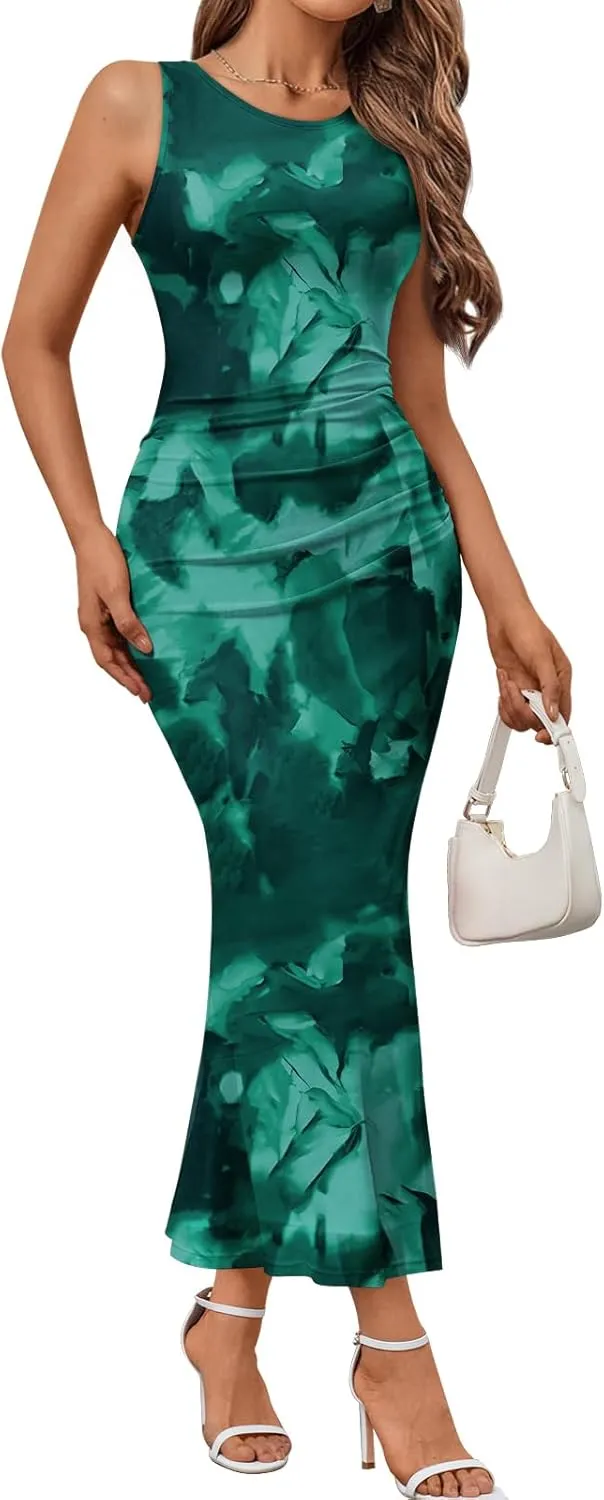 Trendy Queen Bodycon Maxi Dress Womens Sleeveless Floral Print Fitted Party Club Ruched Dresses with Side Slit