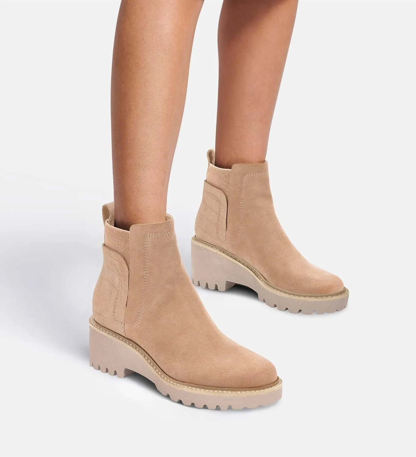 Trish Lucia Womens Platform Lug Sole Chelsea Boots Ankle High Chunky Block Heel Non-Slip Suede Leather Slip on Combat Fashion Booties