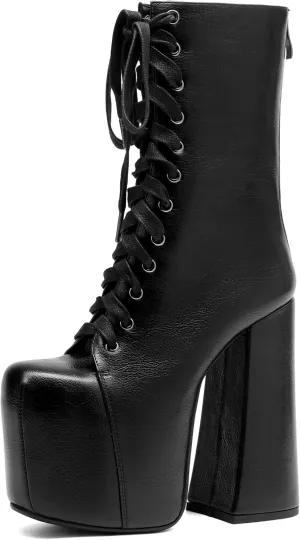 Tsrenlmln Women's waterproof platform with flat bottom, small and medium-sized leg boots, square toe tie, 4-inch thick heel