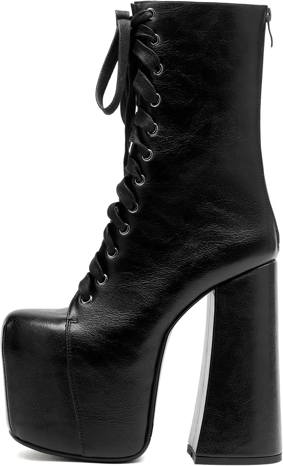 Tsrenlmln Women's waterproof platform with flat bottom, small and medium-sized leg boots, square toe tie, 4-inch thick heel