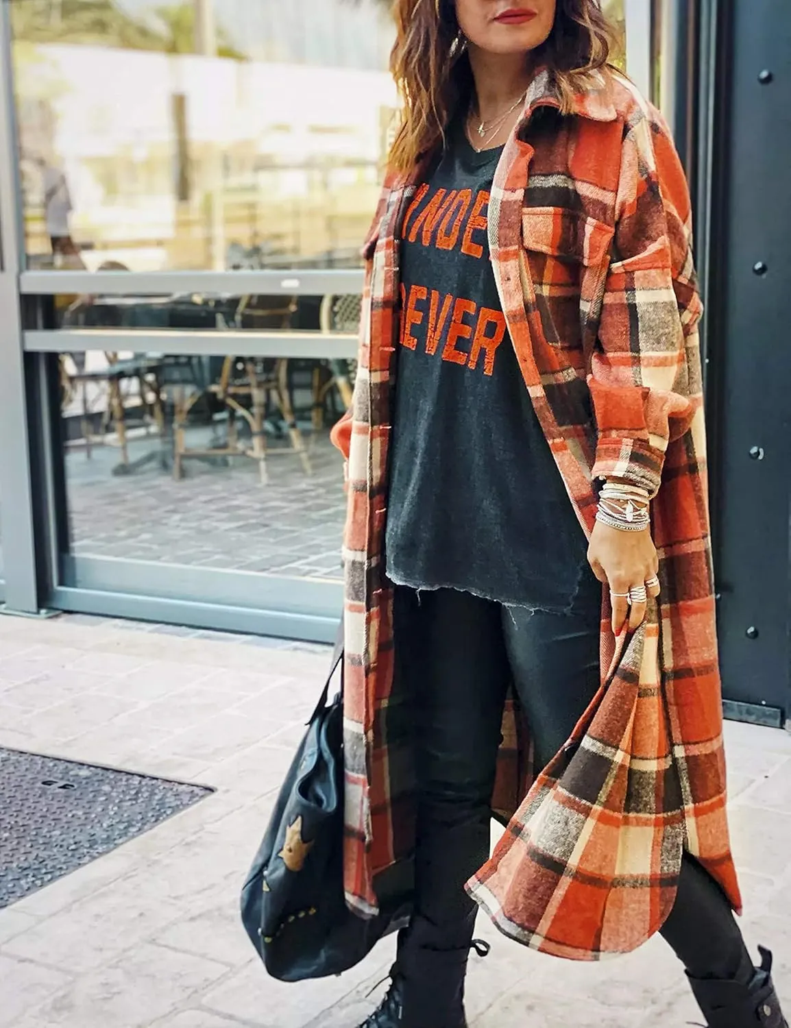UANEO Plaid Coat Women Button Down Long Plaid Jacket Fall Flannel Trench Coat