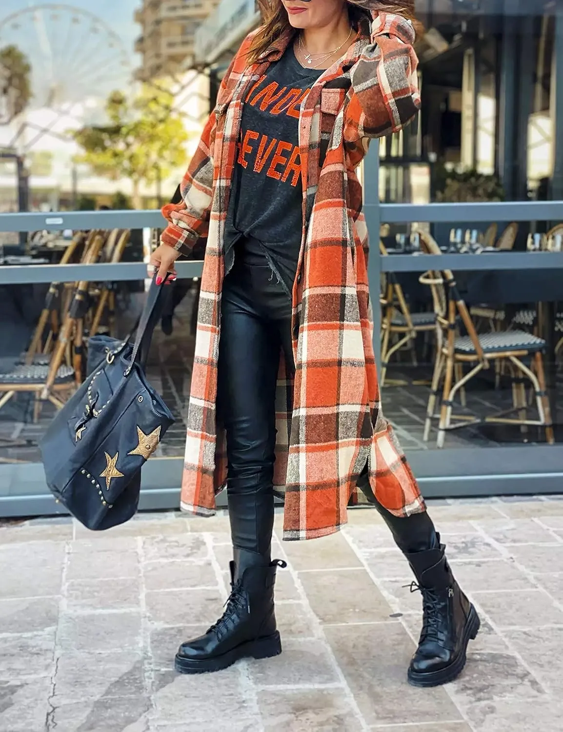 UANEO Plaid Coat Women Button Down Long Plaid Jacket Fall Flannel Trench Coat
