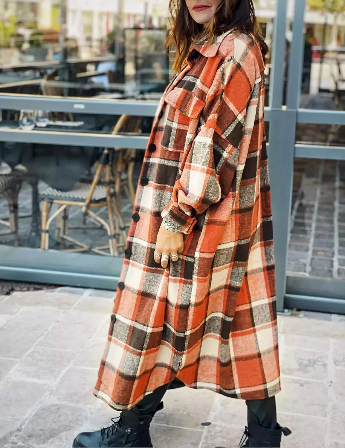 UANEO Plaid Coat Women Button Down Long Plaid Jacket Fall Flannel Trench Coat