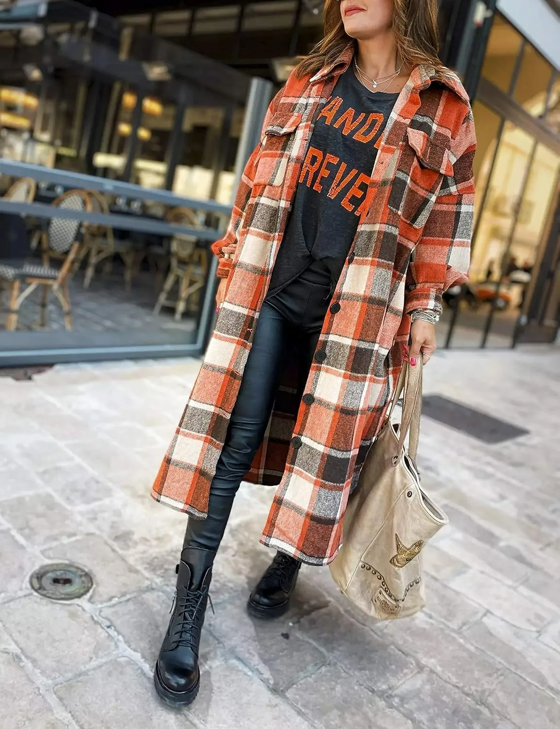 UANEO Plaid Coat Women Button Down Long Plaid Jacket Fall Flannel Trench Coat