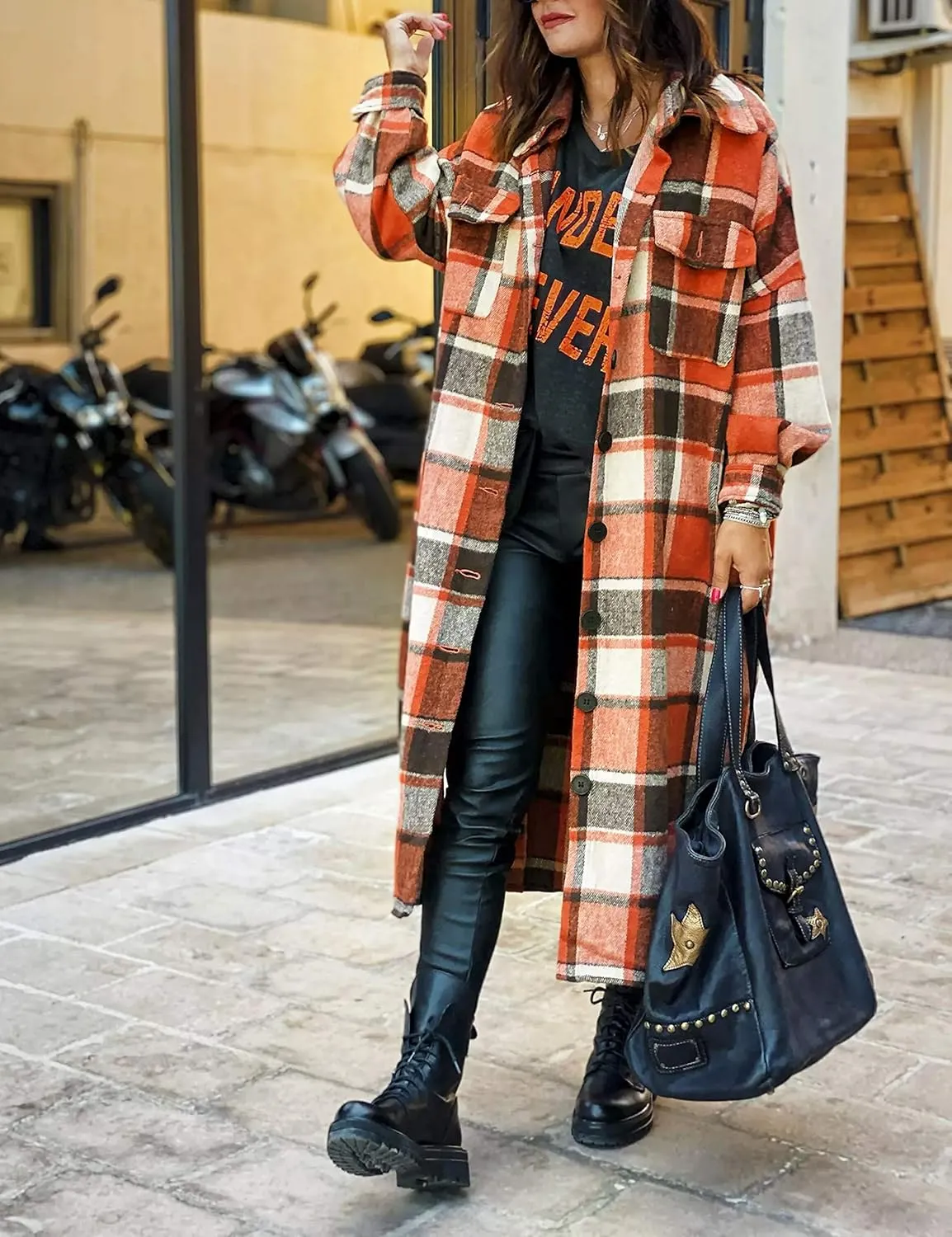 UANEO Plaid Coat Women Button Down Long Plaid Jacket Fall Flannel Trench Coat
