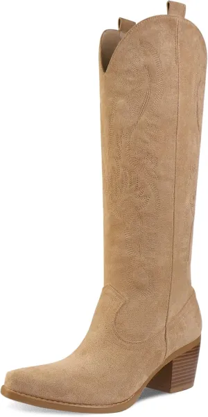 UBWDU Suede Cowboy Knee High Boots Women Pointed Toe Chunky Heel Embroidered Western Cowgirl Boots