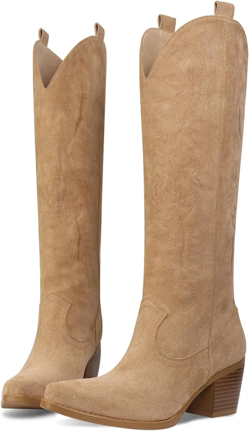 UBWDU Suede Cowboy Knee High Boots Women Pointed Toe Chunky Heel Embroidered Western Cowgirl Boots