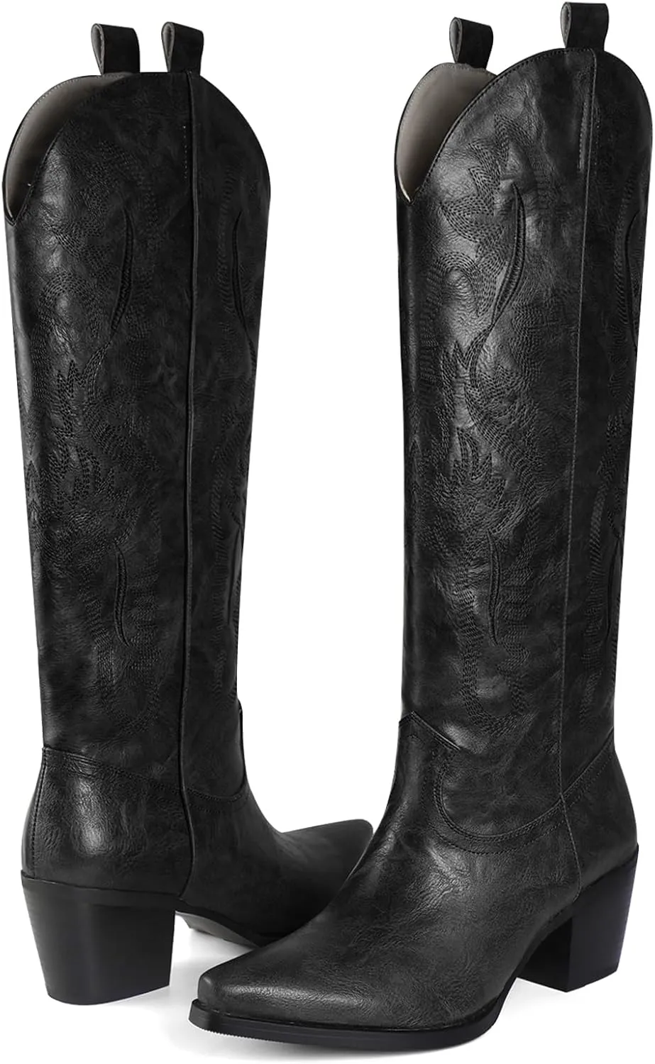 UBWDU Suede Cowboy Knee High Boots Women Pointed Toe Chunky Heel Embroidered Western Cowgirl Boots