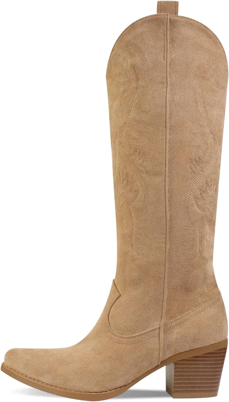 UBWDU Suede Cowboy Knee High Boots Women Pointed Toe Chunky Heel Embroidered Western Cowgirl Boots