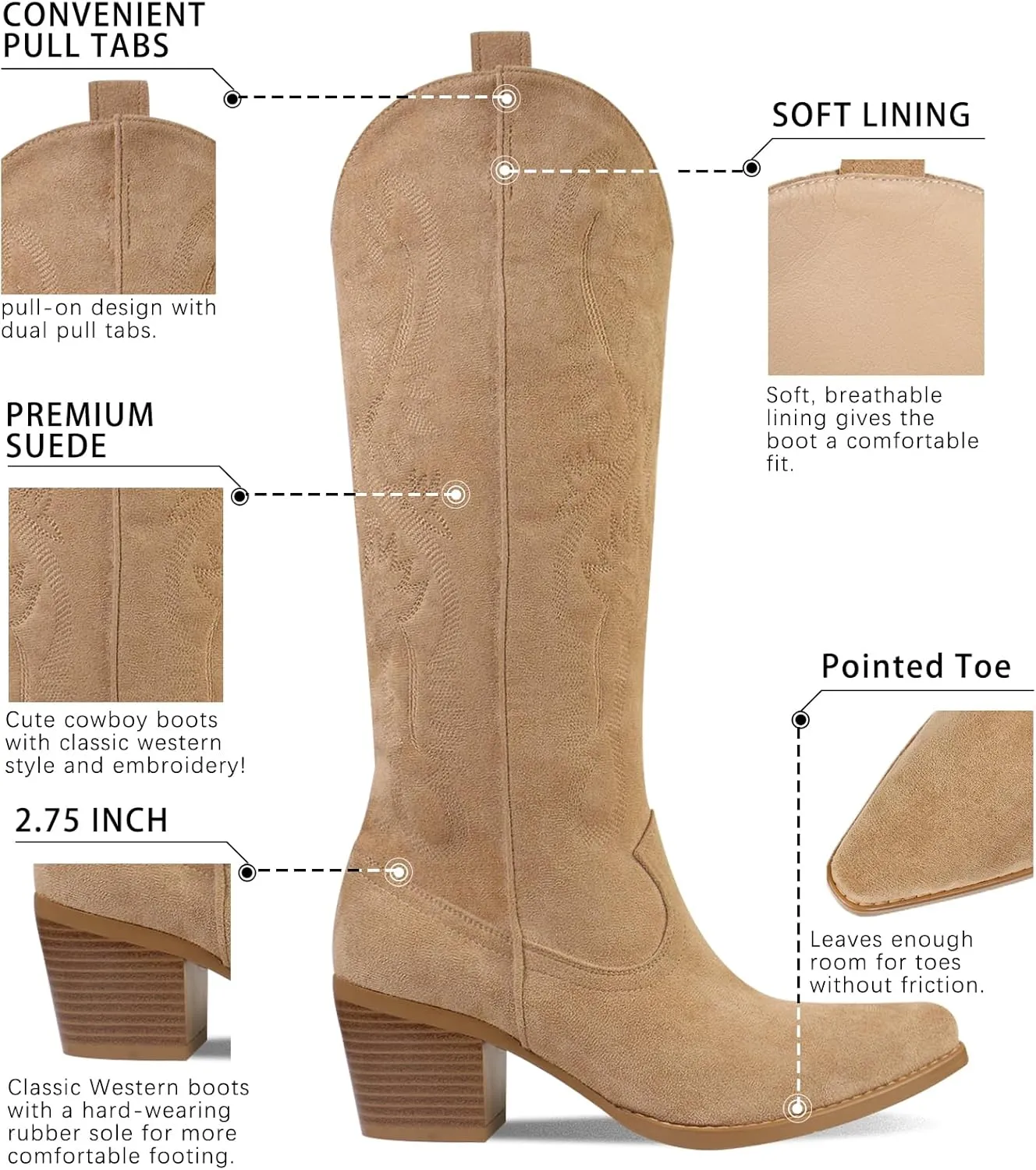 UBWDU Suede Cowboy Knee High Boots Women Pointed Toe Chunky Heel Embroidered Western Cowgirl Boots