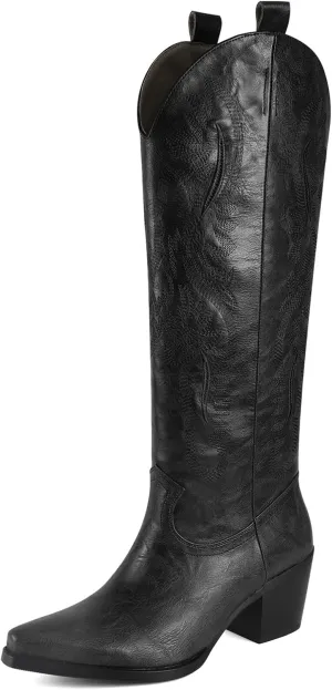 UBWDU Suede Cowboy Knee High Boots Women Pointed Toe Chunky Heel Embroidered Western Cowgirl Boots