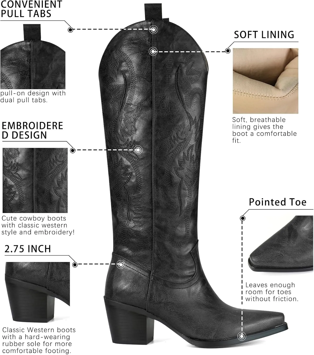 UBWDU Suede Cowboy Knee High Boots Women Pointed Toe Chunky Heel Embroidered Western Cowgirl Boots
