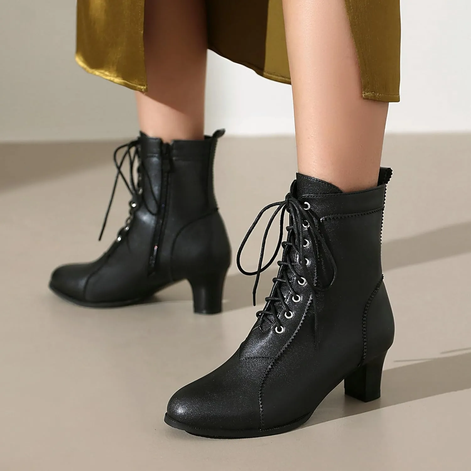 Uniquelly Women Vintage Victorian Boots Kitten Heel Lace Up Ankle Boots 70s Witch Granny Booties Side Zipper Round Toe Victorian Shoes