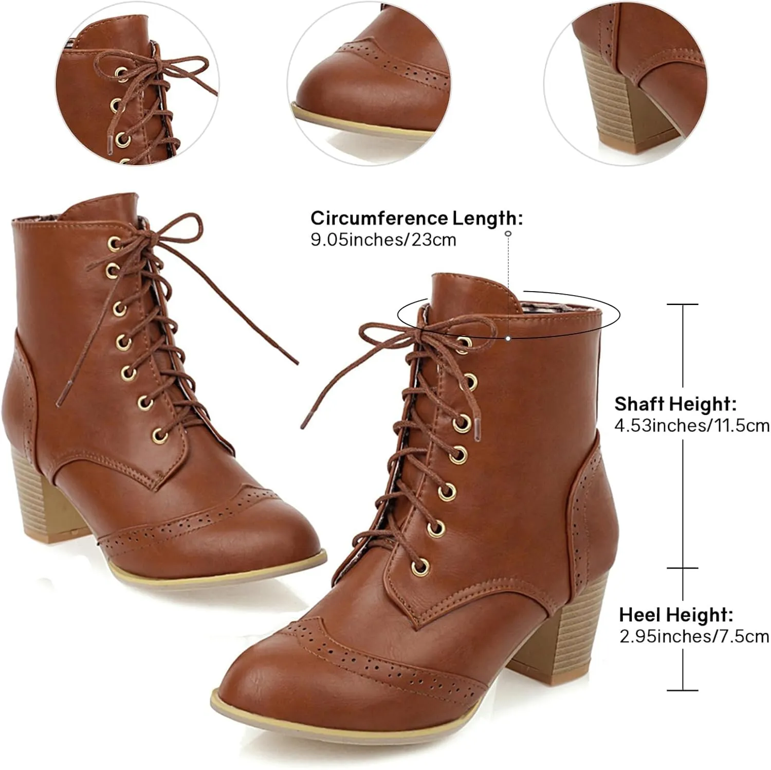Uniquelly Womens Wingtip Booties Chunky Heel Ankle Boots Lace Up Round Toe Vintage Comfortable Winter Shoes