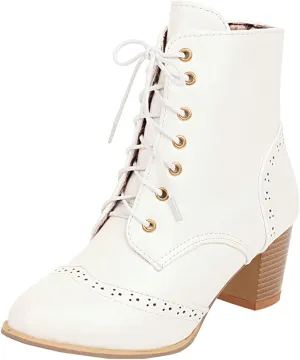 Uniquelly Womens Wingtip Booties Chunky Heel Ankle Boots Lace Up Round Toe Vintage Comfortable Winter Shoes