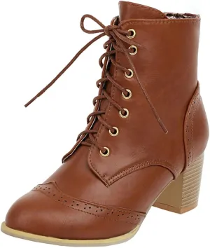 Uniquelly Womens Wingtip Booties Chunky Heel Ankle Boots Lace Up Round Toe Vintage Comfortable Winter Shoes