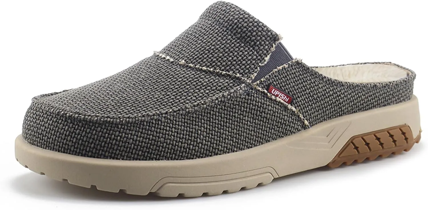 UPIShi Men's Arch Support Orthopedic Plantar Fasciitis Relief Slippers Canvas House Indoor Outdoor Slip On Loafers Non-Slip Casual Shoes Grey Velvet Lining 10