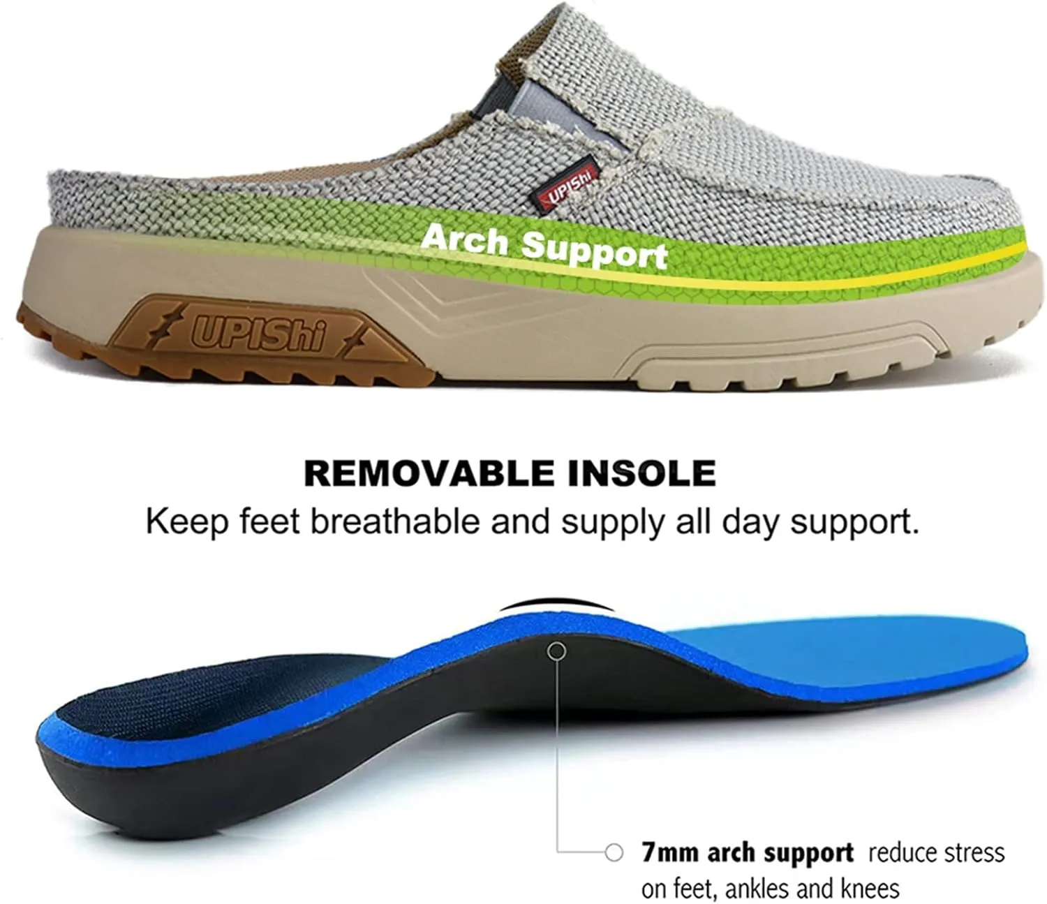 UPIShi Men's Arch Support Orthopedic Plantar Fasciitis Relief Slippers Canvas House Indoor Outdoor Slip On Loafers Non-Slip Casual Shoes