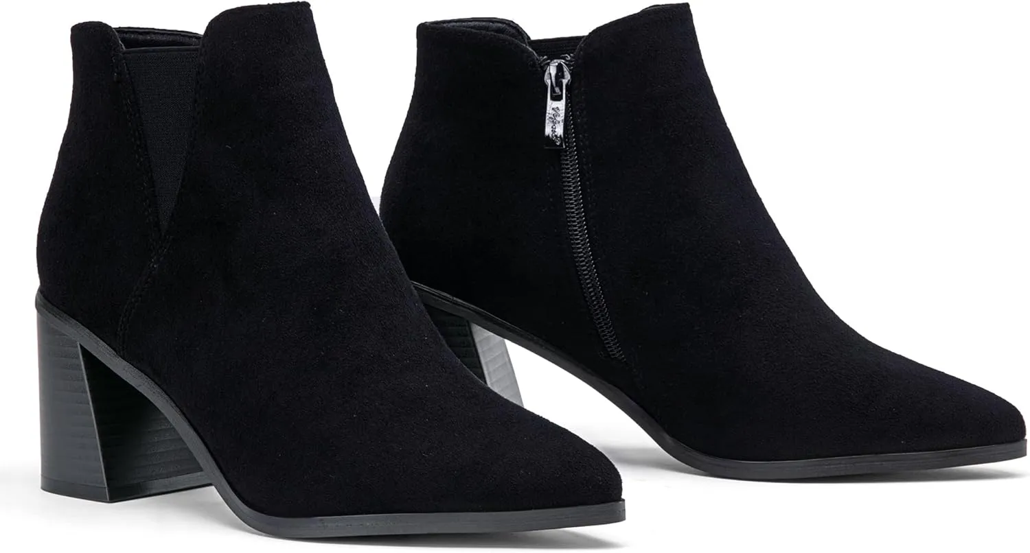 Vepose Women's 9631 Ankle Booties Pointed Toe, Block Chunky Heel Boots with Side Zipper