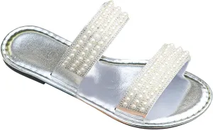 Verdusa Women's Pearls Rhinestone Metallic Leather Sandals Summer Double Band Slip on Slippers