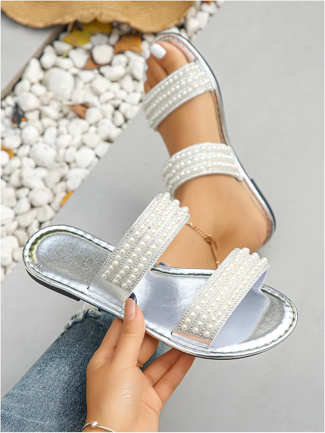 Verdusa Women's Pearls Rhinestone Metallic Leather Sandals Summer Double Band Slip on Slippers
