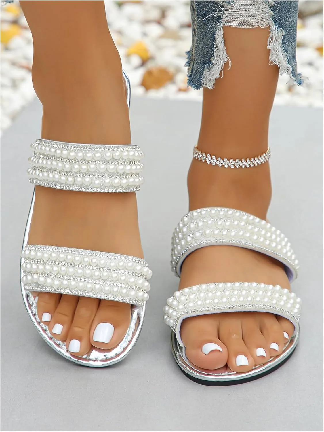 Verdusa Women's Pearls Rhinestone Metallic Leather Sandals Summer Double Band Slip on Slippers