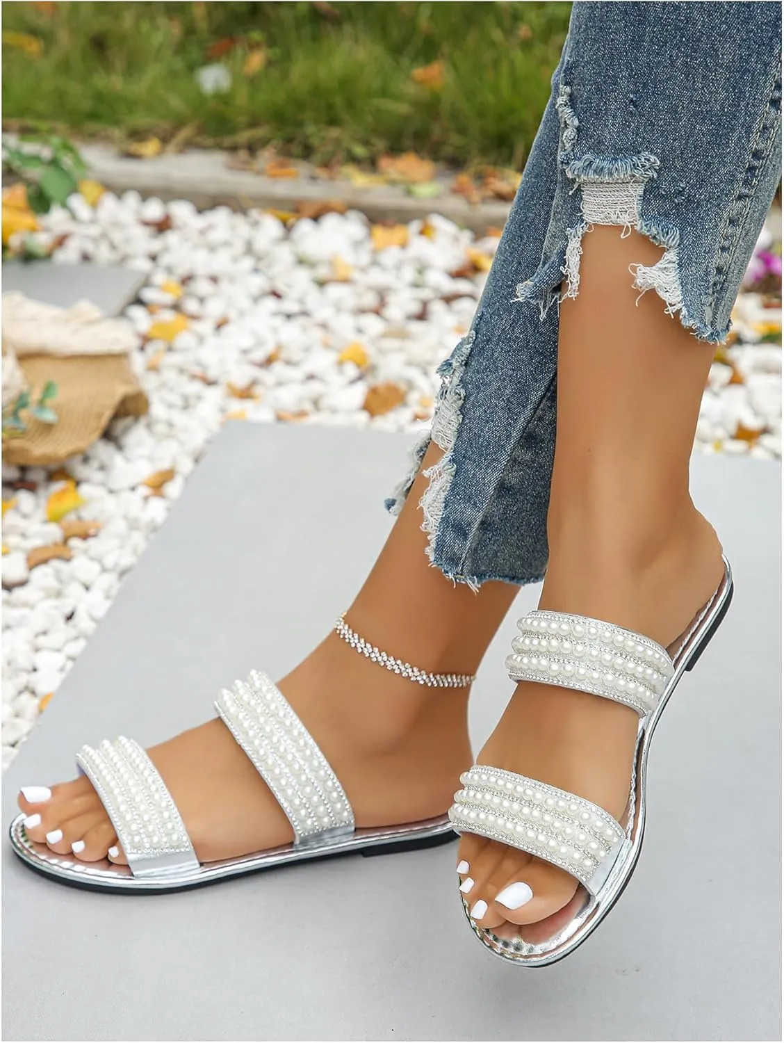 Verdusa Women's Pearls Rhinestone Metallic Leather Sandals Summer Double Band Slip on Slippers