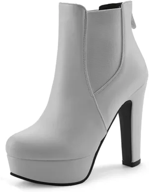 VOKLIN Women's Chunky Block High Heel Ankle Boots Round Toe Zipper Elastic Side Panel Dressy Short Booties