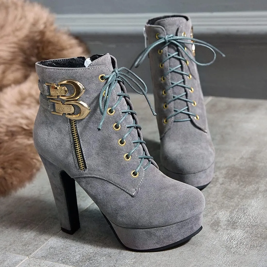 VOKLIN Women's Platform High Heel Ankle Boots Fashion Metallic Round Toe Lace Up Zipper Dressy Short Booties