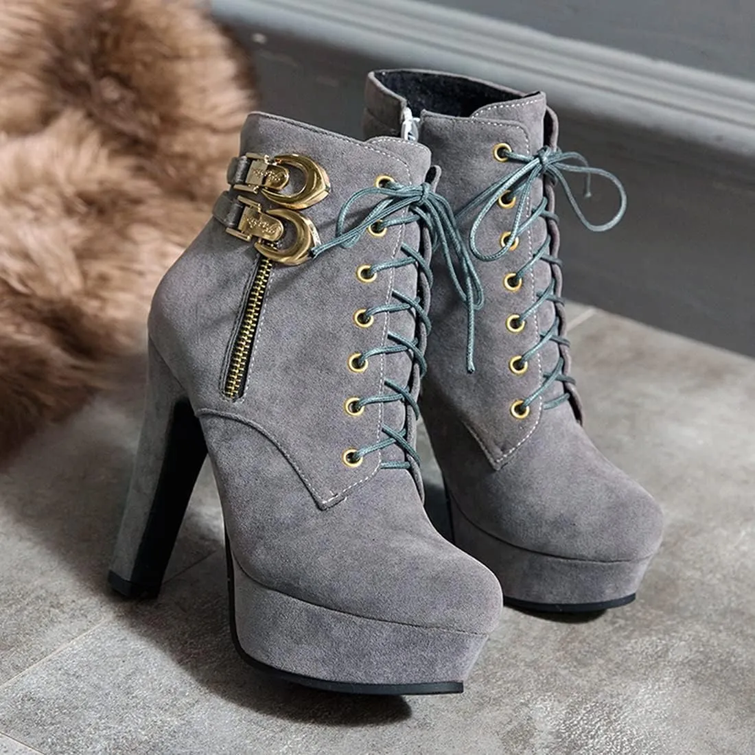 VOKLIN Women's Platform High Heel Ankle Boots Fashion Metallic Round Toe Lace Up Zipper Dressy Short Booties
