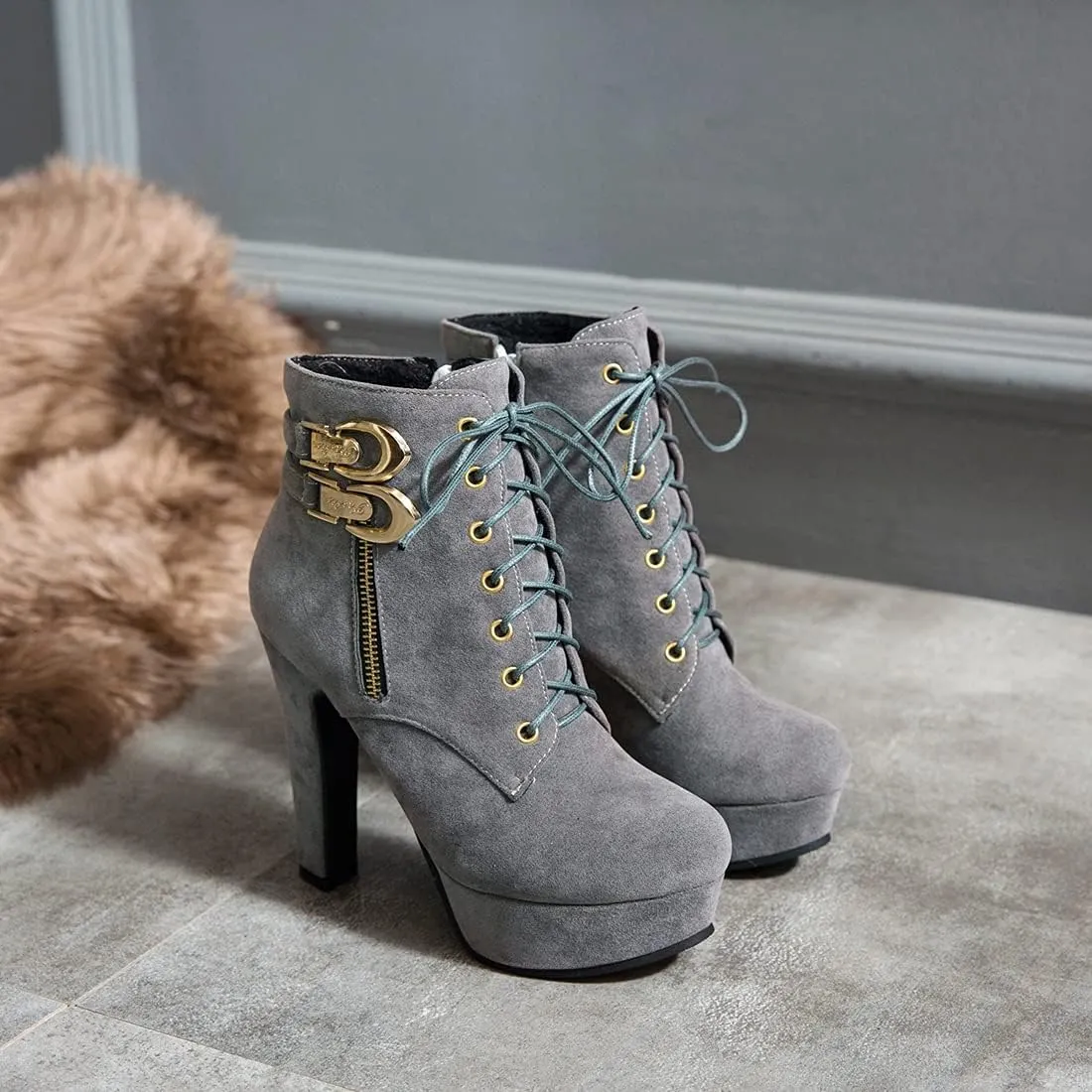 VOKLIN Women's Platform High Heel Ankle Boots Fashion Metallic Round Toe Lace Up Zipper Dressy Short Booties