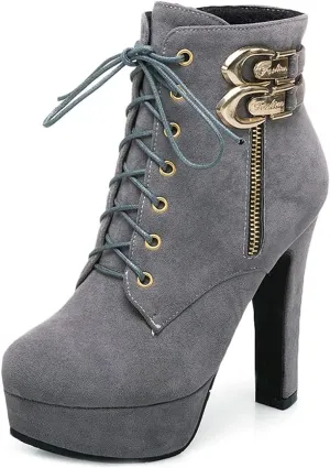 VOKLIN Women's Platform High Heel Ankle Boots Fashion Metallic Round Toe Lace Up Zipper Dressy Short Booties