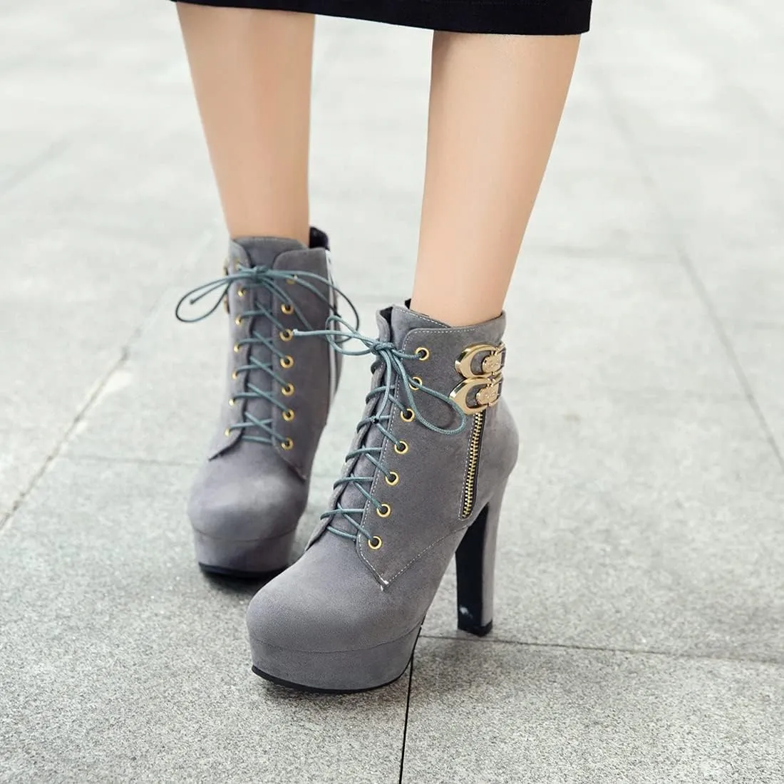 VOKLIN Women's Platform High Heel Ankle Boots Fashion Metallic Round Toe Lace Up Zipper Dressy Short Booties