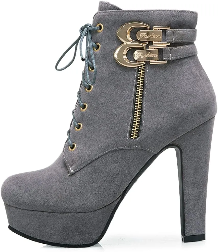 VOKLIN Women's Platform High Heel Ankle Boots Fashion Metallic Round Toe Lace Up Zipper Dressy Short Booties