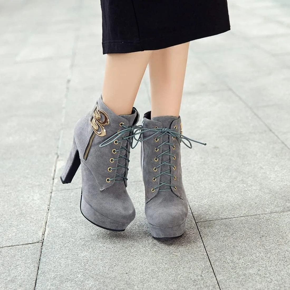 VOKLIN Women's Platform High Heel Ankle Boots Fashion Metallic Round Toe Lace Up Zipper Dressy Short Booties