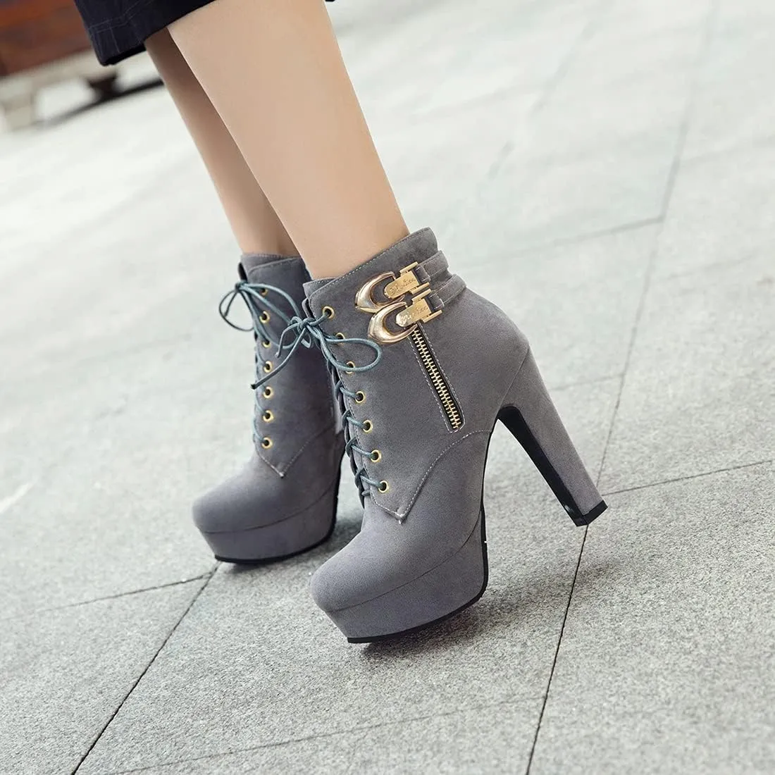 VOKLIN Women's Platform High Heel Ankle Boots Fashion Metallic Round Toe Lace Up Zipper Dressy Short Booties