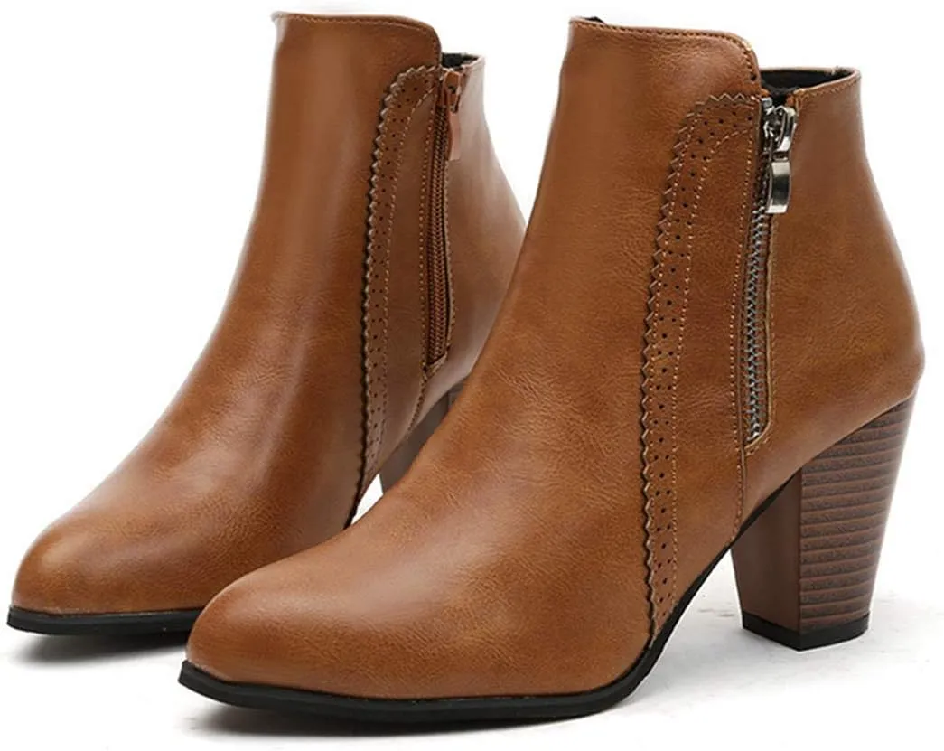 VOKLIN Women's Pointed Toe Chunky High Heel Ankle Boots Fashion Zipper Chelsea Booties Dressy Short Boot