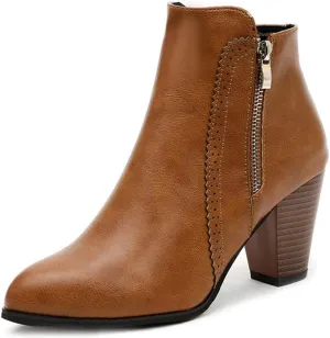 VOKLIN Women's Pointed Toe Chunky High Heel Ankle Boots Fashion Zipper Chelsea Booties Dressy Short Boot