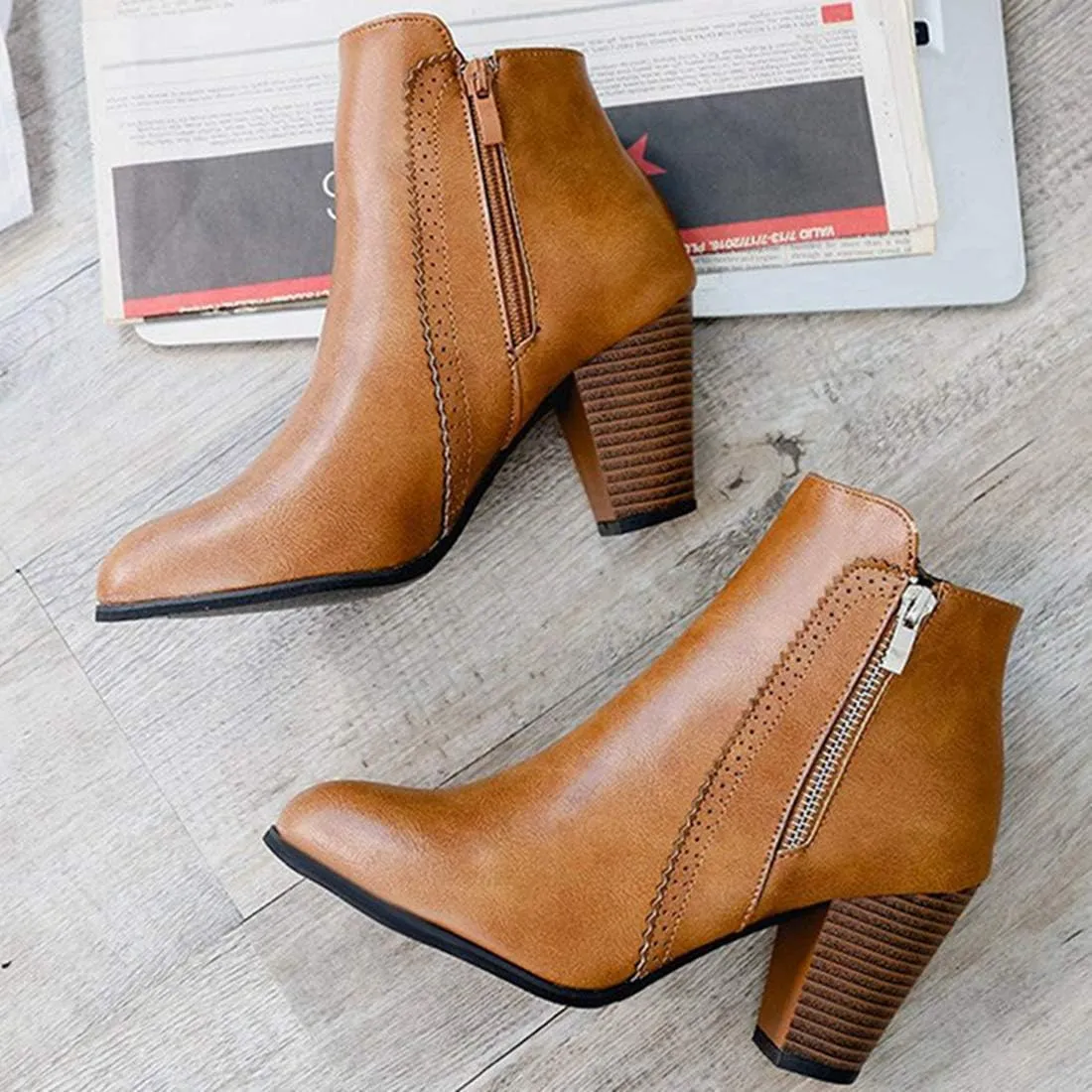 VOKLIN Women's Pointed Toe Chunky High Heel Ankle Boots Fashion Zipper Chelsea Booties Dressy Short Boot
