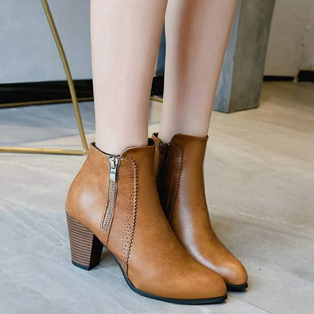 VOKLIN Women's Pointed Toe Chunky High Heel Ankle Boots Fashion Zipper Chelsea Booties Dressy Short Boot