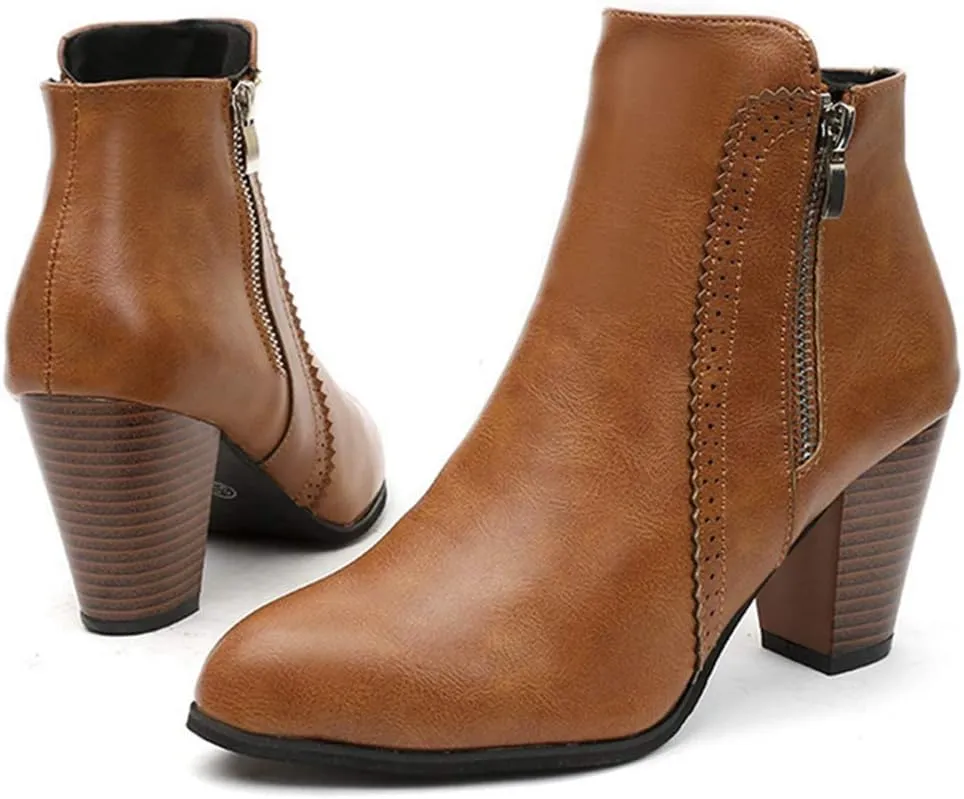 VOKLIN Women's Pointed Toe Chunky High Heel Ankle Boots Fashion Zipper Chelsea Booties Dressy Short Boot