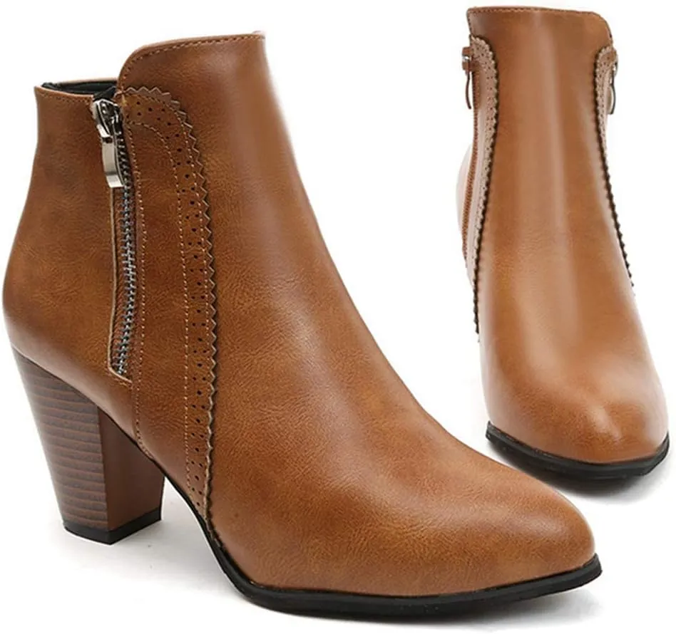 VOKLIN Women's Pointed Toe Chunky High Heel Ankle Boots Fashion Zipper Chelsea Booties Dressy Short Boot